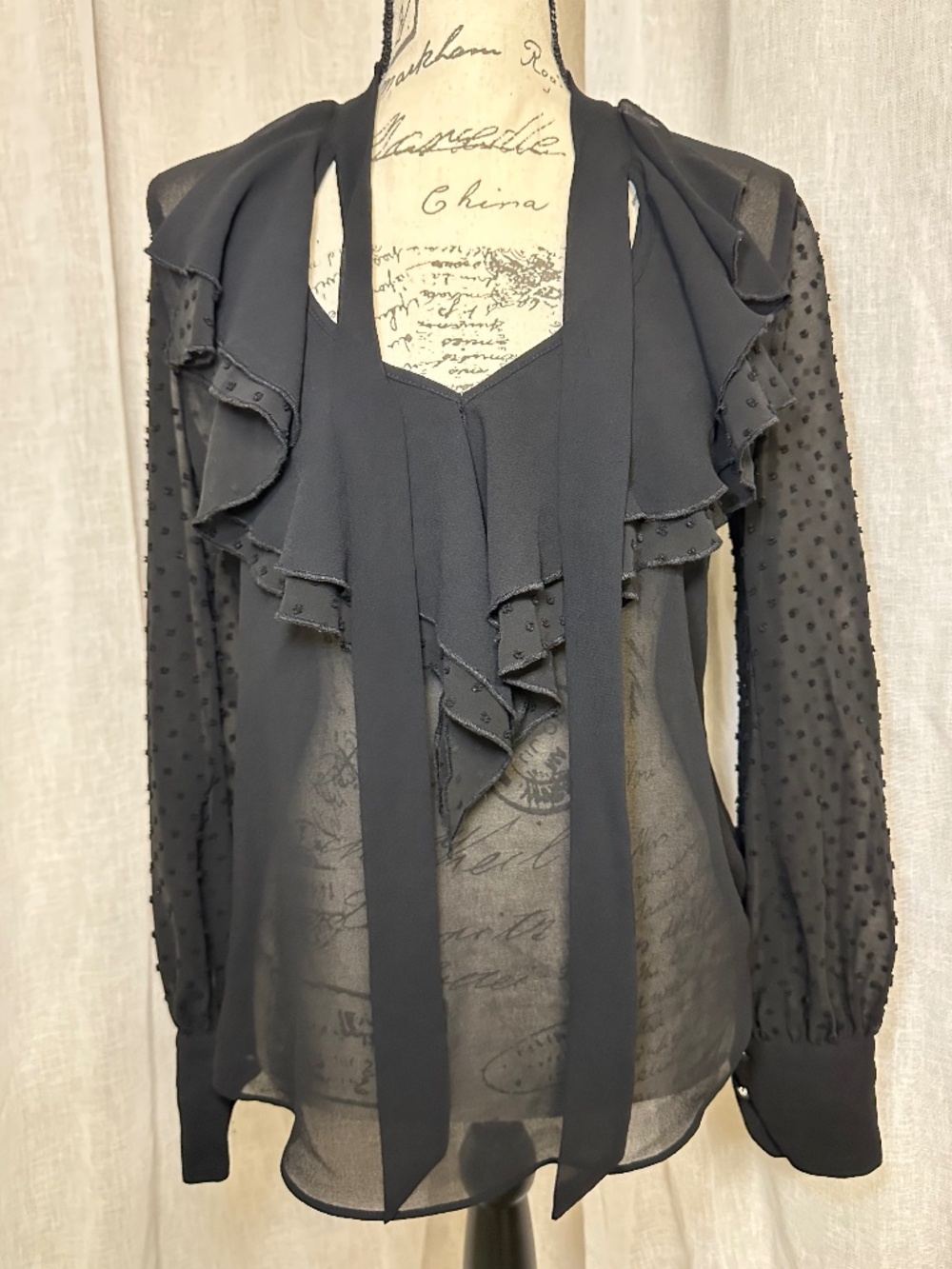 Black Sheer Blouse with Swiss Dot Sleeves and Ruffles by Bisou Bisou size small
